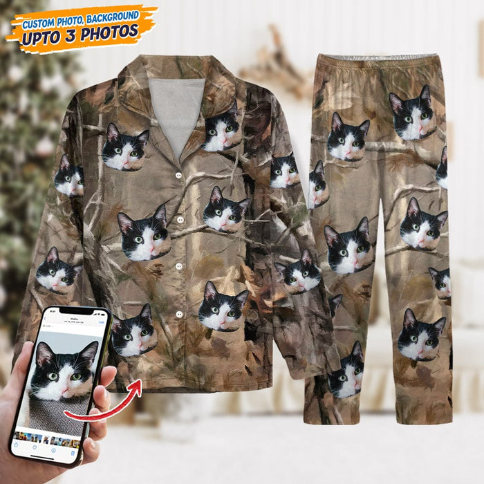 GeckoCustom Custom Cat Photo With Camo Background For Cat Lover Pajamas N304 HN590 For Kid / Combo Shirt And Pants / 3XS