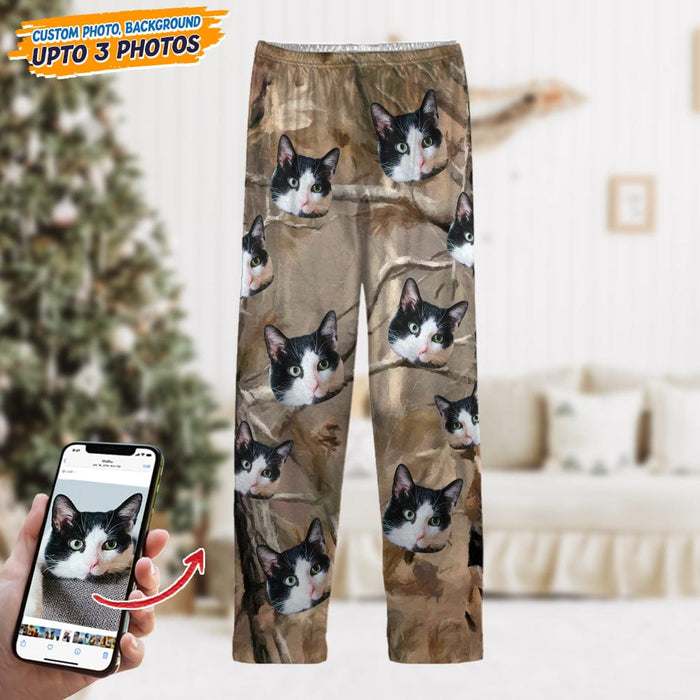 GeckoCustom Custom Cat Photo With Camo Background For Cat Lover Pajamas N304 HN590 For Kid / Only Pants / 3XS