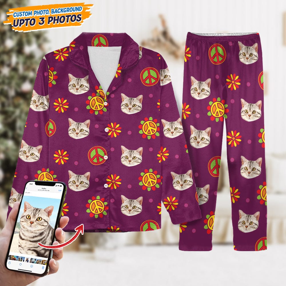 GeckoCustom Custom Cat Photo With Decoration Hippie Pajamas T368 HN590 For Kid / Combo Shirt And Pants / 3XS