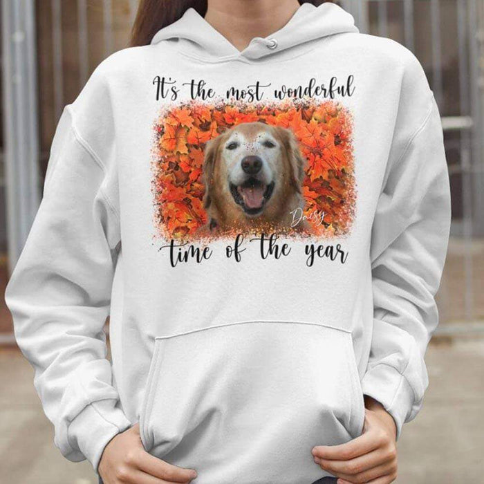 GeckoCustom Custom Dog Photo Sweatshirt, Fall Autumn Wonderful Time Dog Sweater Pullover Hoodie / White Colour / S