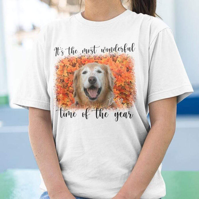 GeckoCustom Custom Dog Photo Sweatshirt, Fall Autumn Wonderful Time Dog Sweater Unisex T Shirt / White / S