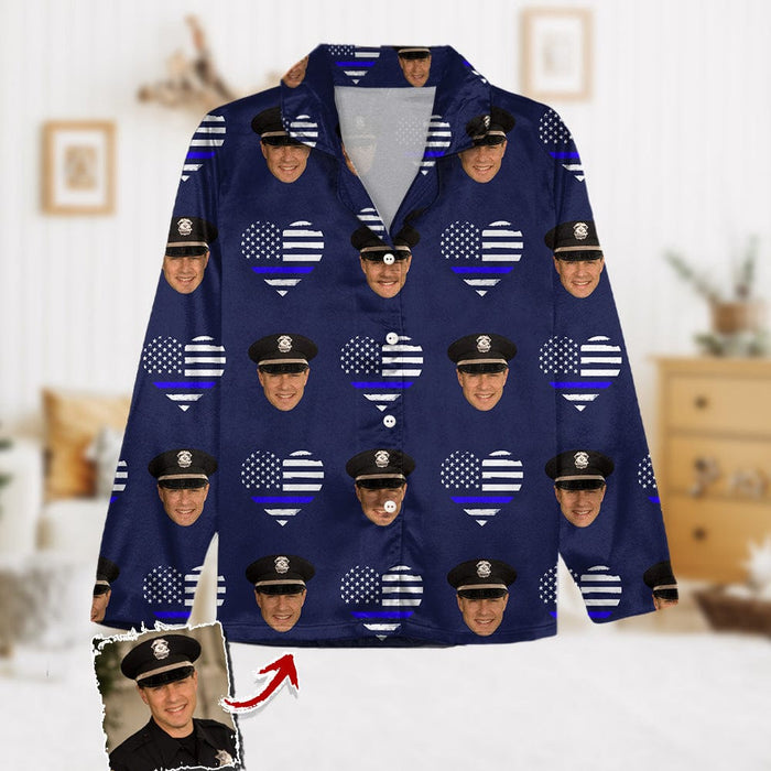 GeckoCustom Custom Face Photo Thin Line Flag Thin Blue Line Pajamas N369 HN590 For Adult / Only Shirt / XS