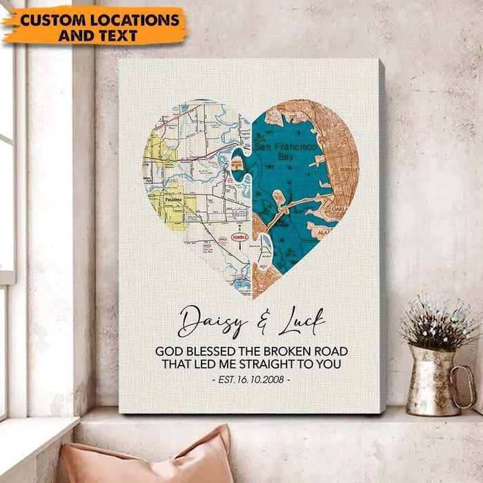 GeckoCustom Custom Locations Heart Map For Couple Valentine Canvas HN590 16 x 24 Inch / Satin Finish: Cotton & Polyester