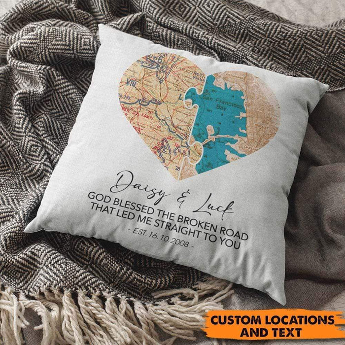 GeckoCustom Custom Locations Heart Map For Couple Valentine Throw Pillow HN590