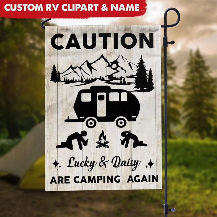 GeckoCustom Custom Name Camping Again Caution Camping Garden Flag HN590 Flagpole included