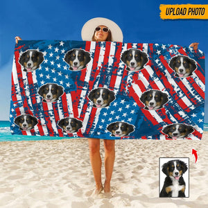 GeckoCustom Custom Photo America Flag Dog Beach Towel K228 HN590
