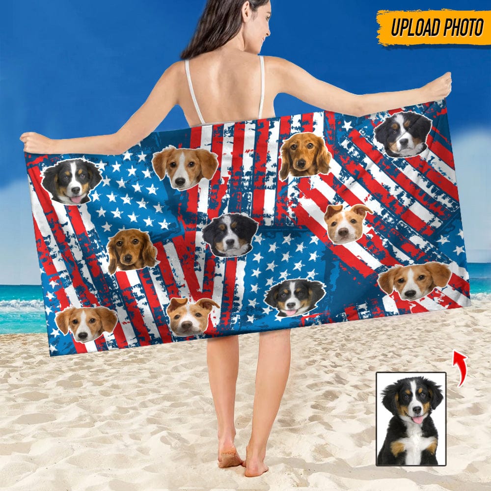 GeckoCustom Custom Photo America Flag Dog Beach Towel K228 HN590