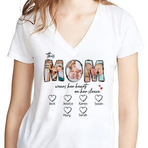 GeckoCustom Custom Photo This Mama Wears Her Heart On Her Sleeve Shirt N304 889153 Women V-neck / V White / S