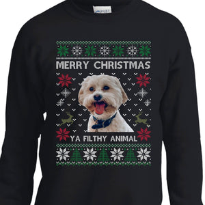 GeckoCustom Custom Photo Ugly Christmas Ya Filthy Animal Dog Cat Sweatshirt, Dog Lover Sweater Christmas For Kids Youth Crewneck Sweatshirt / KSW-Red / YXS
