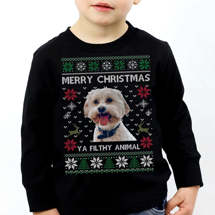 GeckoCustom Custom Photo Ugly Christmas Ya Filthy Animal Dog Cat Sweatshirt, Dog Lover Sweater Christmas For Kids