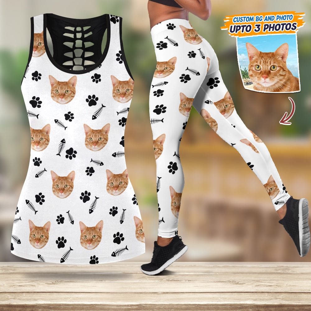 GeckoCustom Custom Photo With Accessory Pattern Cat Lover Legging Set T368 Combo Hollow Tank Top And Leggings (Favorite) / S