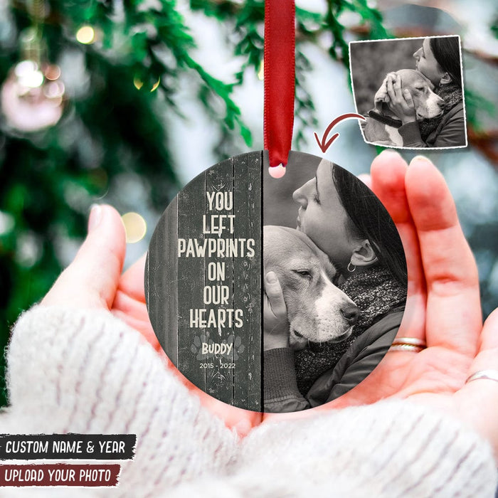 GeckoCustom Custom Photo You Left Paw Prints On Our Hearts Dog Cat Wood Ornament K228 HN590