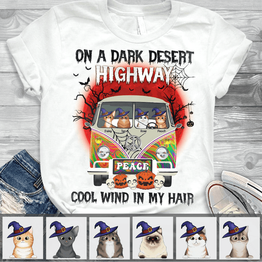 GeckoCustom Dark Desert Highway Hippie Bus Cat T-shirt, Custom Cat Lover Gift, Halloween Gift, HN590 Basic Tee / White / S