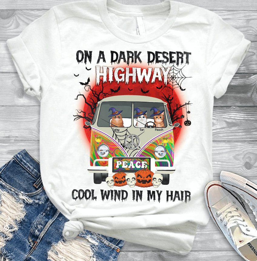 GeckoCustom Dark Desert Highway Hippie Bus Cat T-shirt, Custom Cat Lover Gift, Halloween Gift, HN590 Basic Tee / White / S