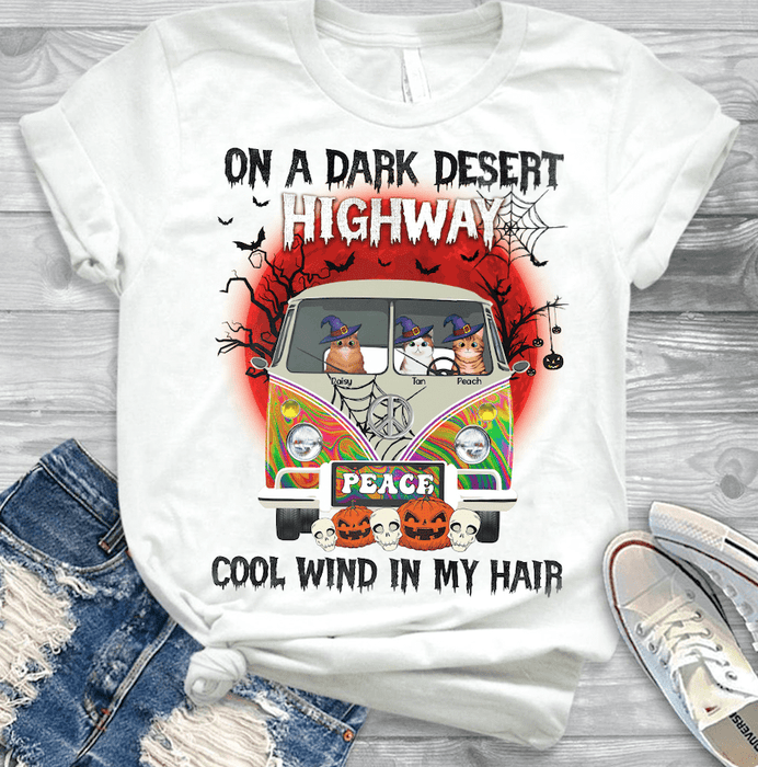 GeckoCustom Dark Desert Highway Hippie Bus Cat T-shirt, Custom Cat Lover Gift, Halloween Gift, HN590 Premium Tee / White / S