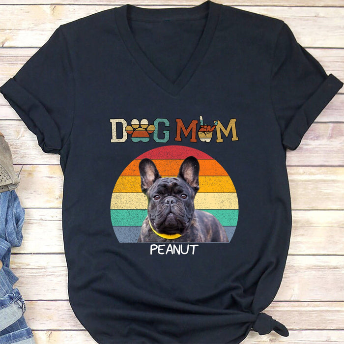 GeckoCustom Dog Mom Vitage Retro Upload Photo Personalized Custom Dog Shirt H463 Women V-neck / V Black / S
