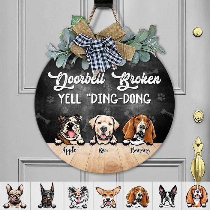 GeckoCustom Doorbell Broken, Yell "Ding-Dong" Dog Wooden Door Sign With Wreath, Dog Lover Gift, Dog Door Hanger HN590