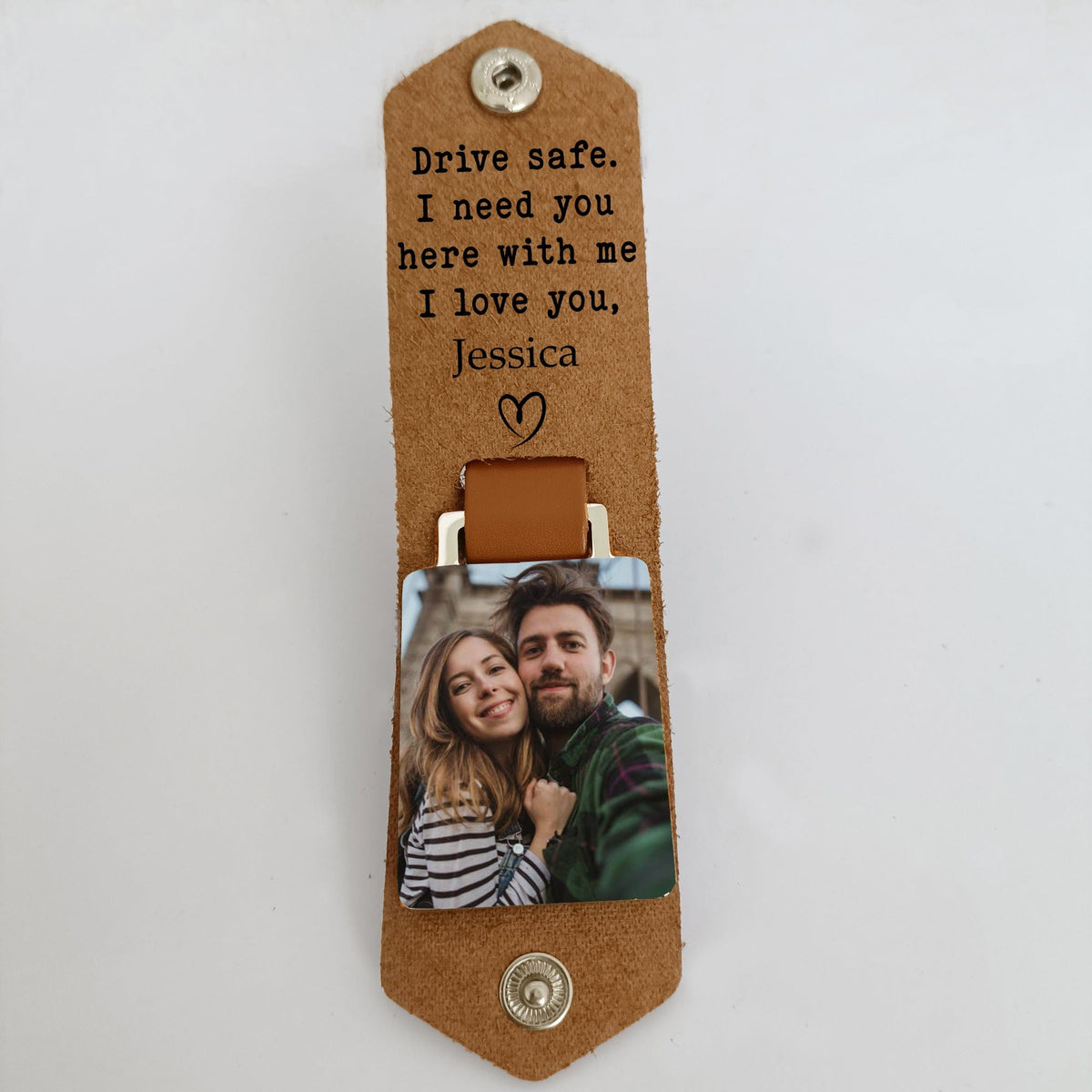 GeckoCustom Drive Safe I Need You Here Family Vintage Leather Photo Keychain