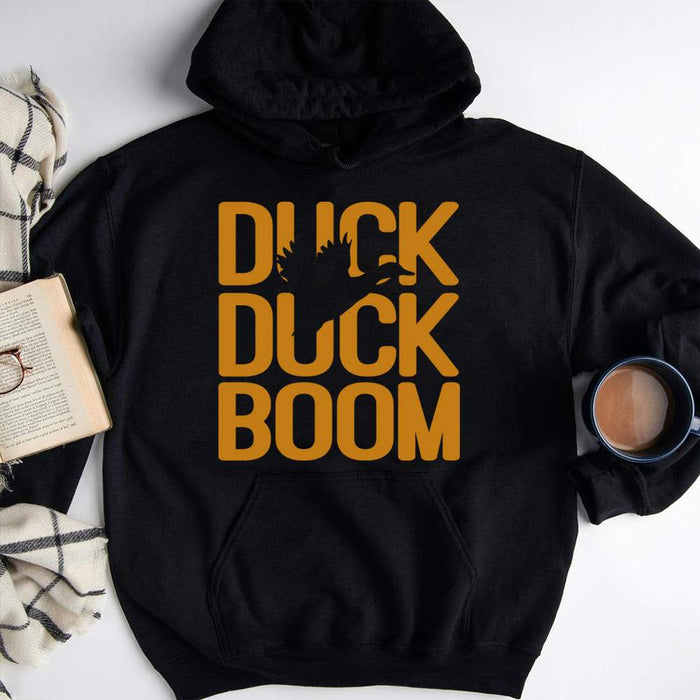 GeckoCustom Duck Duck Boom Hunting Shirt, Hunter Gift HN590 Pullover Hoodie / Black Colour / S