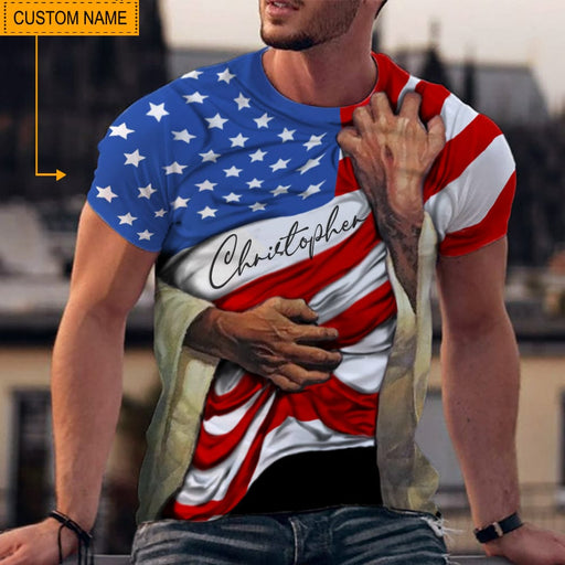 GeckoCustom Flag America custom name, God Hugs Shirt, HN590 Basic Tee / S