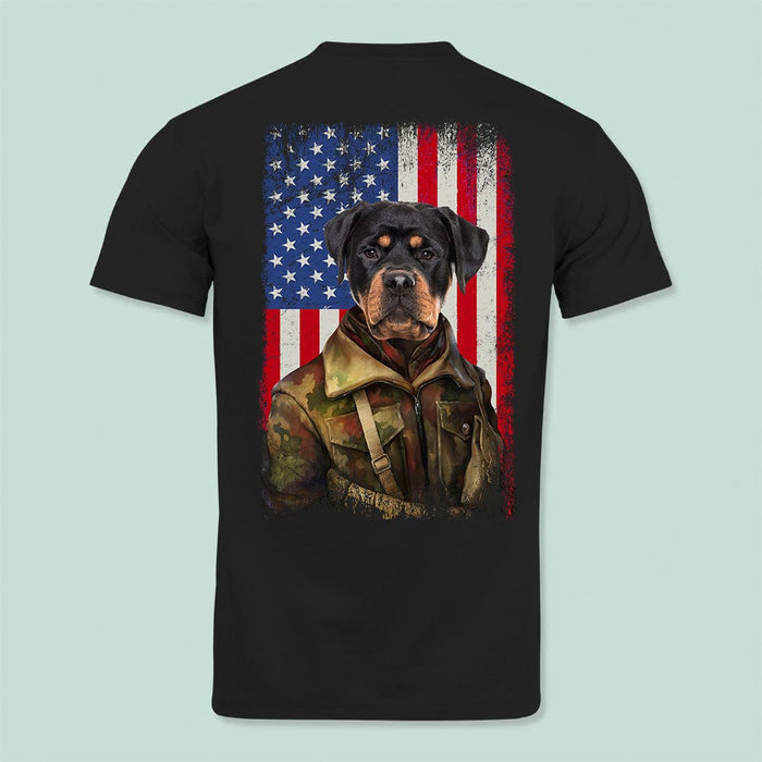 GeckoCustom Flag America Uniform Soldier Custom Photo Dog Cat Portrait Back Shirt N369 HN590 Basic Tee / Black / S