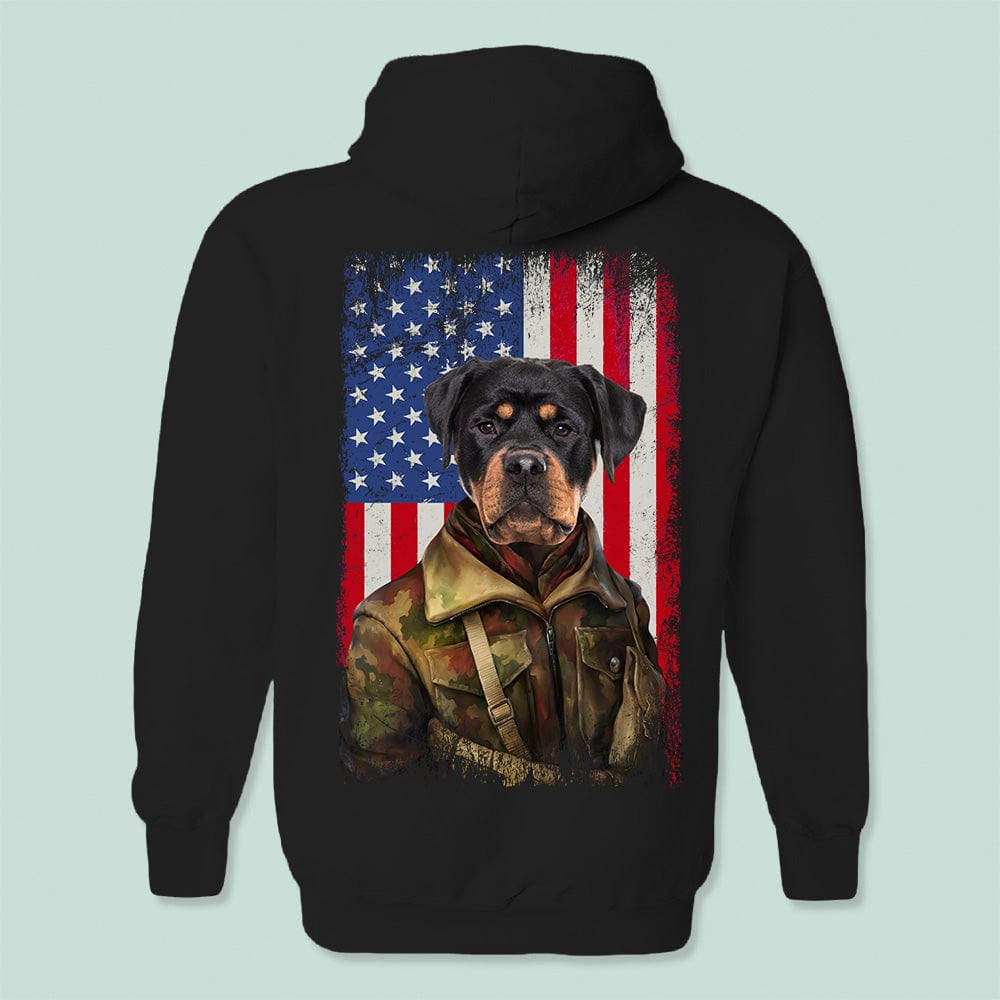 GeckoCustom Flag America Uniform Soldier Custom Photo Dog Cat Portrait Back Shirt N369 HN590 Basic Tee / Black / S