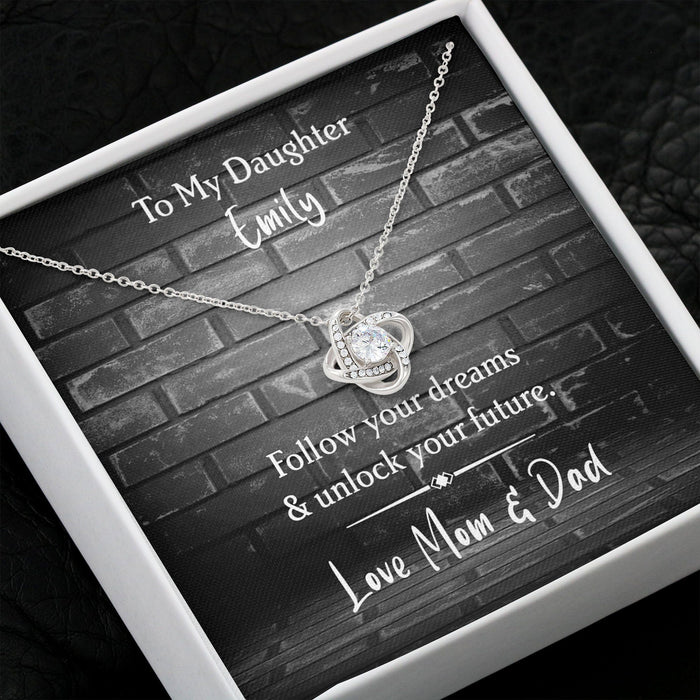 GeckoCustom Follow Your Dreams And Unlock Your Future Personalized Graduation Message Card Necklace C259 Love Knot