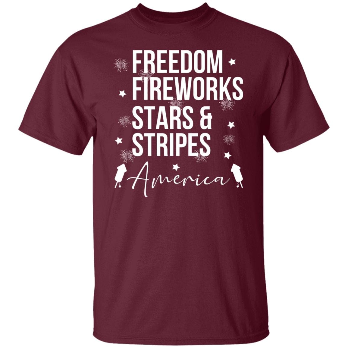 GeckoCustom Freedom Fireworks Stars And Stripes 4th of July Shirt Basic Tee / Maroon / S