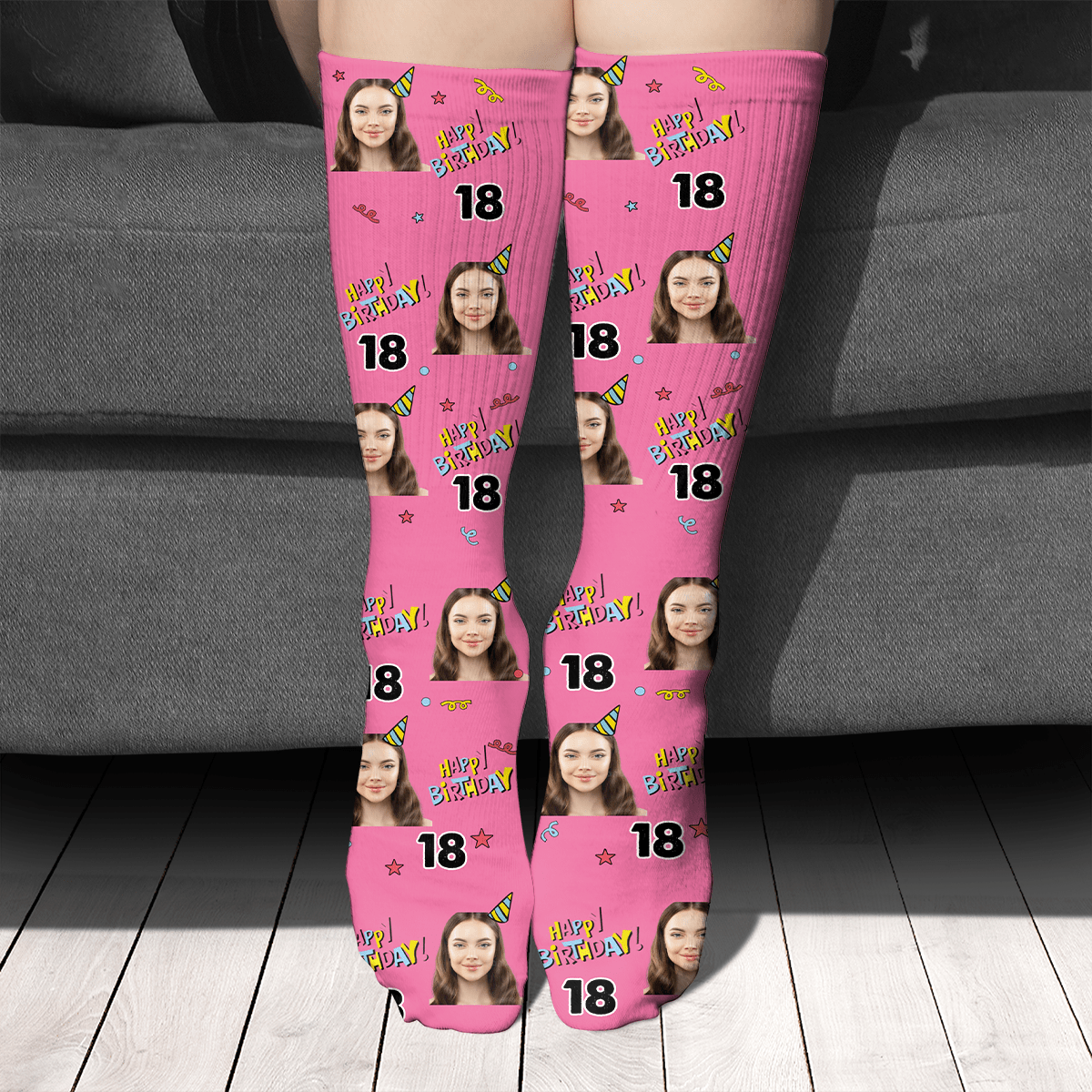 GeckoCustom Gift For Birthday, Birthday Text Muti-Colour, Custom Photo And Age Socks, Personalized Gift For Family SG02 Pack1