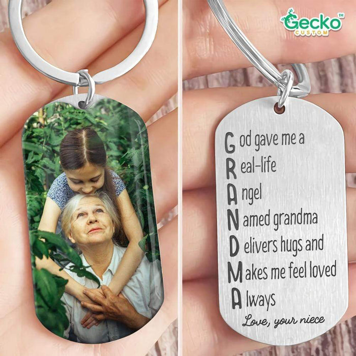 GeckoCustom God Give Me A Real-life Angel Named Grandma Family Metal Keychain HN590 No Gift box