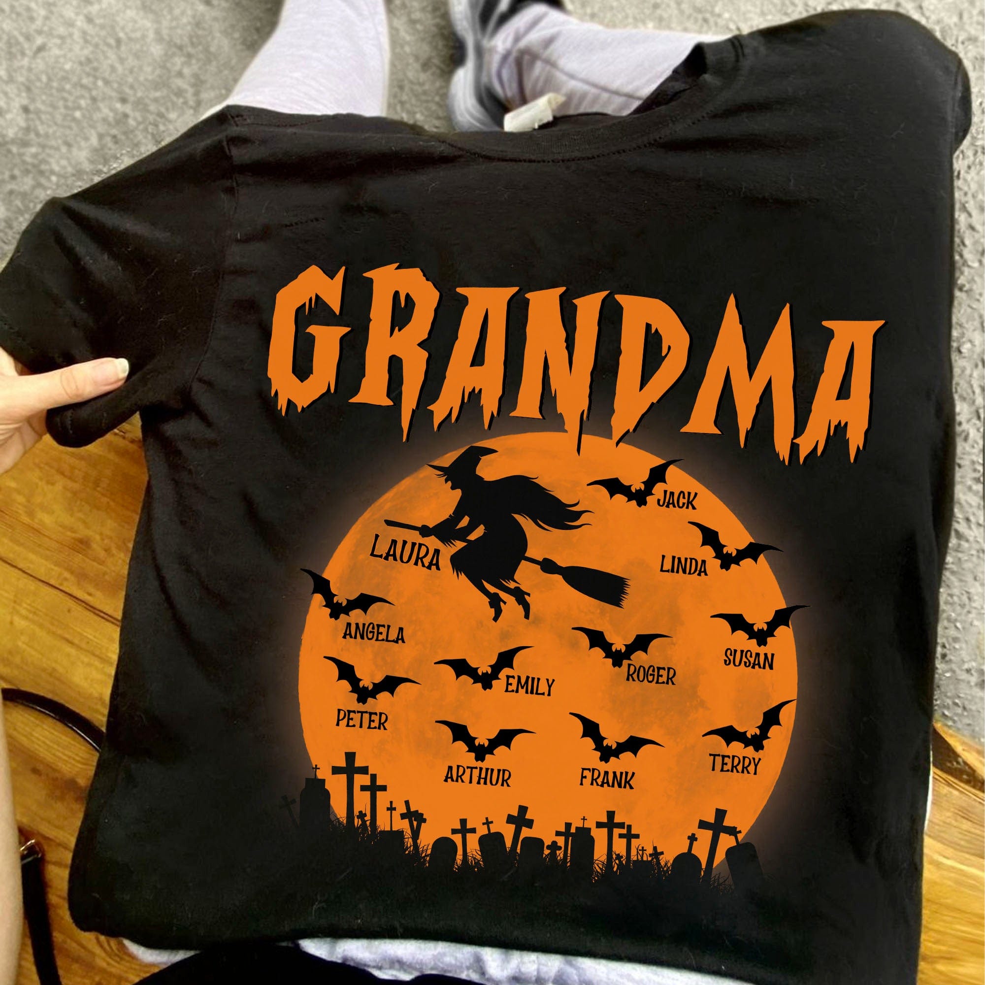 GeckoCustom Grandma Mom Witch With GrandKids Halloween Personalized Custom Frontside Shirt C460 Women Tee / Black Color / S