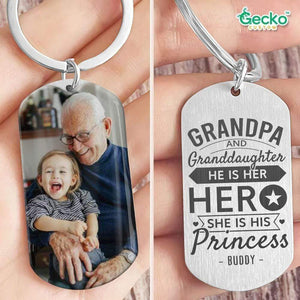 GeckoCustom Grandpa & Grand Daughter Family Metal Keychain He Is Her Hero She Is His Princess HN590 No Gift box / 1.77" x 1.06"