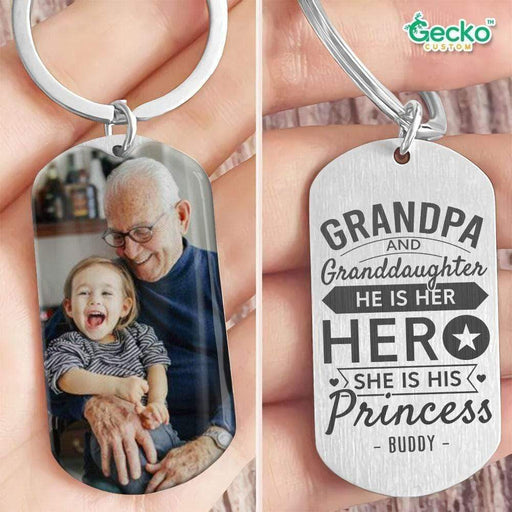 GeckoCustom Grandpa & Grand Daughter Family Metal Keychain He Is Her Hero She Is His Princess HN590 No Gift box / 1.77" x 1.06"