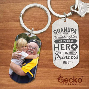 GeckoCustom Grandpa & Grand Daughter Family Metal Keychain He Is Her Hero She Is His Princess HN590