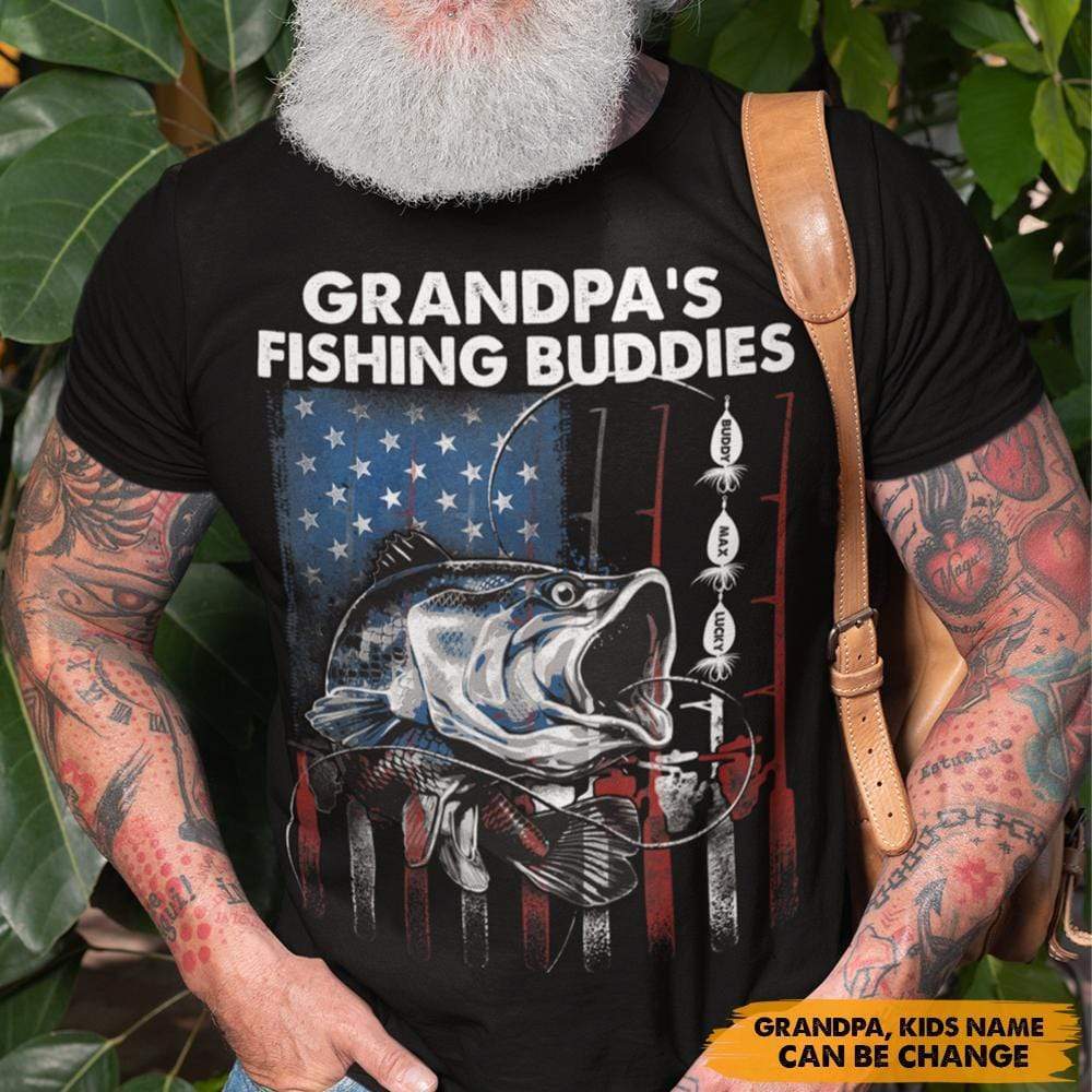 Personalized Father Day Gift Ideas, Grandpa, Papa's Fishing Buddies Flag, Custom Kids Name Tshirt , Premium Tee (Favorite) / P Black / S