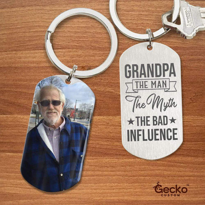 GeckoCustom Grandpa The Man The Myth The Bad Influence Family Metal Keychain HN590 With Gift Box (Favorite) / 1.77" x 1.06"