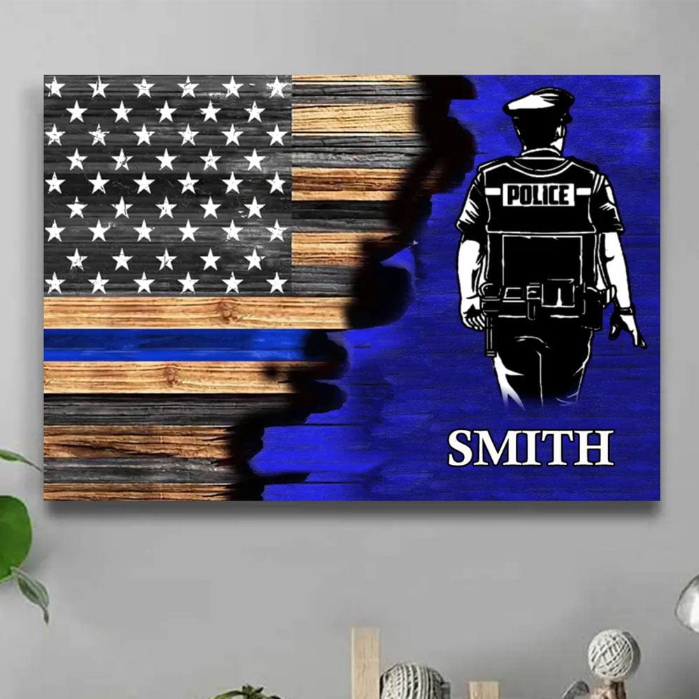 GeckoCustom Half Thin Blue Line Flag Personalized Police Officer Canvas Print H578 12"x8"