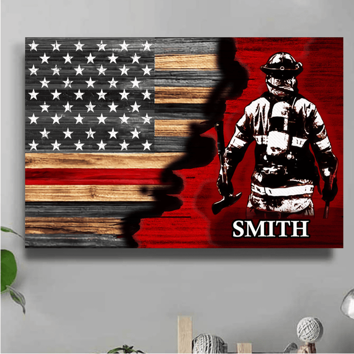 GeckoCustom Half Thin Red Line Bunker Gear With Unit Number & Name, Personalized Firefighter Canvas Print, SG02