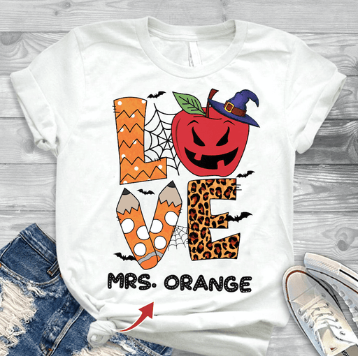 GeckoCustom Halloween Love Teacher T-shirt, Personalized Teacher Gift, Halloween Gift For Teachers, HN590 Basic Tee / White / S