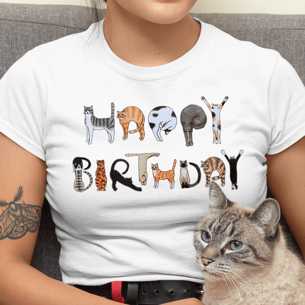 GeckoCustom Happy Birthday Cat Shirt HN590 Basic Tee / White / S