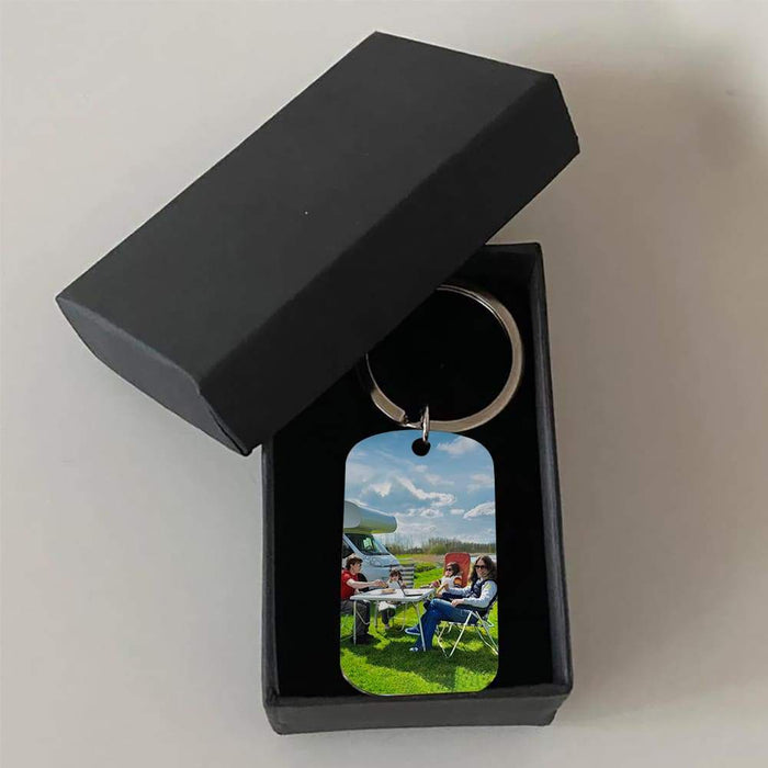 GeckoCustom Happy Camper Camping Metal Keychain, Photo Keyring, Camping Gift HN590 With Gift Box (Favorite) / 1.77" x 1.06"