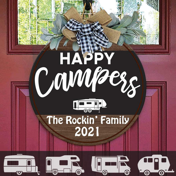 GeckoCustom Happy Campers Wood Sign, Camping Gift, Rv Door Sign, Round Wood Sign HN590 12 Inch