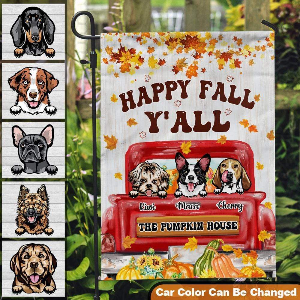 GeckoCustom Happy Fall Y’All Dog Garden Flag, Dog Lover Gift, Red Truck Garden Flag HN590 WITHOUT POLE / Polyester / 12 x 18 Inch