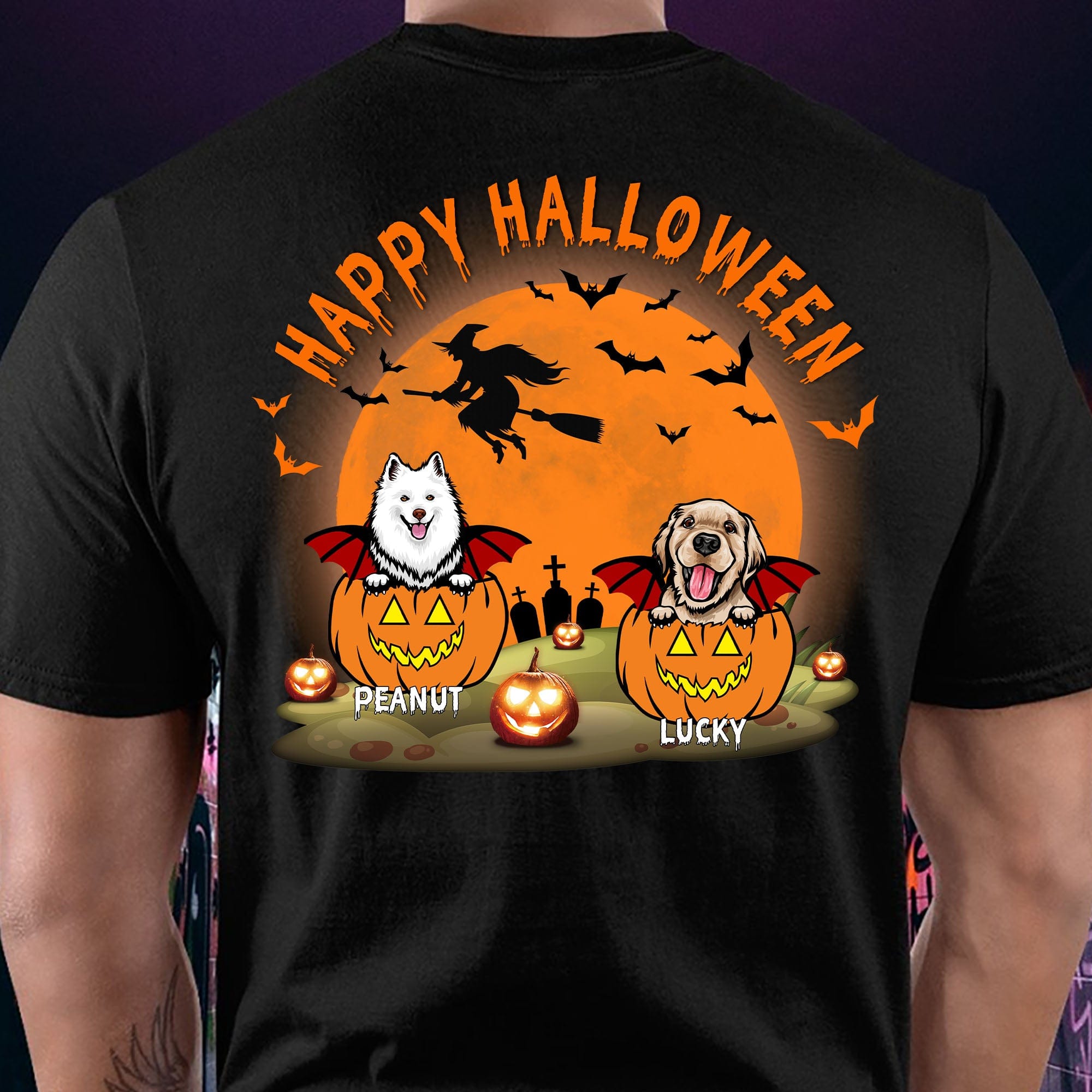 GeckoCustom Happy Halloween Personalized Custom Dog Backside Shirt C459 Basic Tee / Black / S