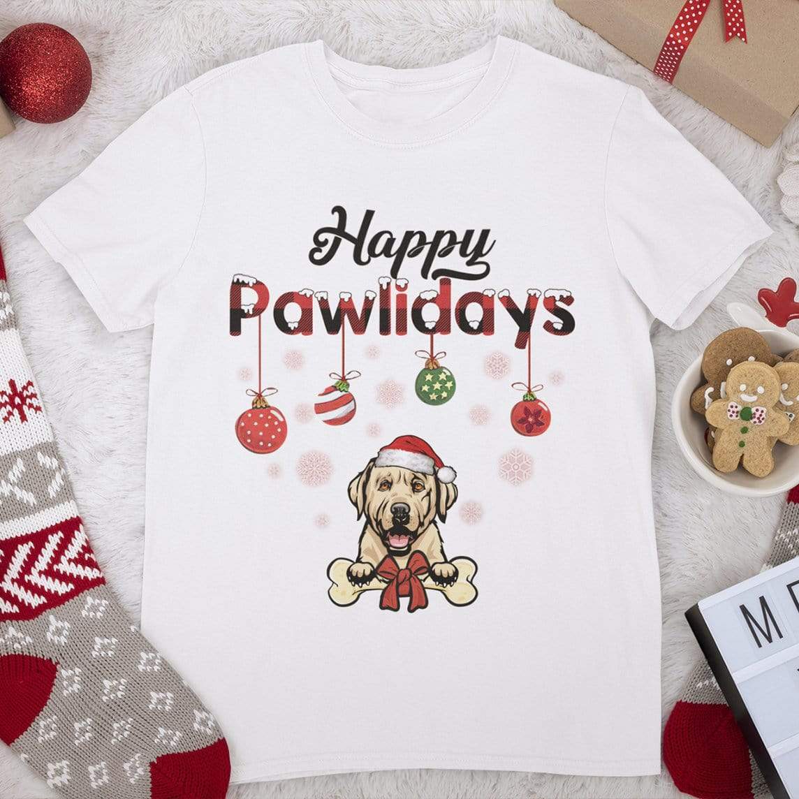 GeckoCustom Happy Pawlidays Dog T-shirt, Personalized Dog Lover Gift, Christmas Gift