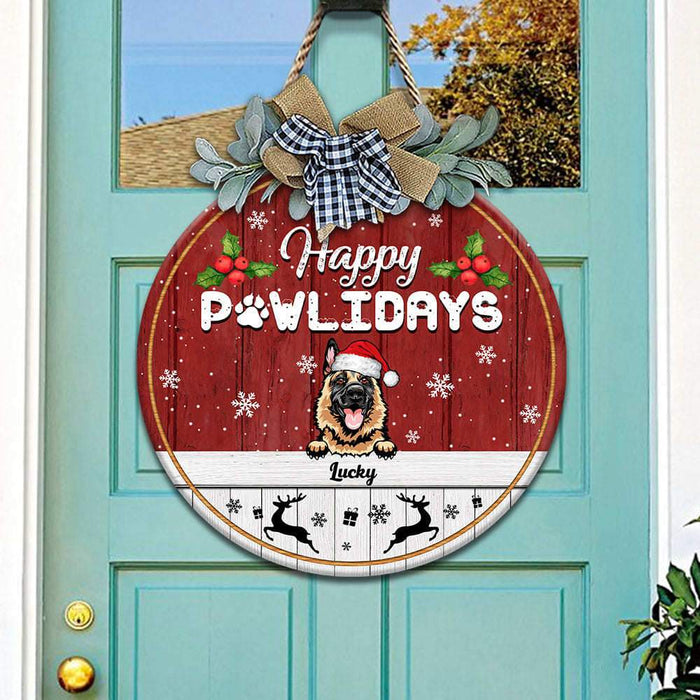 GeckoCustom Happy Pawlidays Dog Wooden Door Sign With Wreath, Dog Door Hanger, HN590