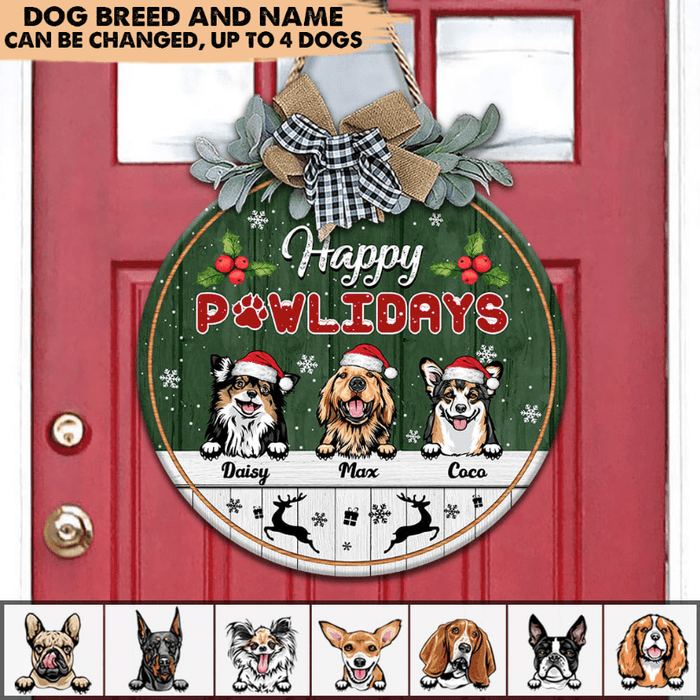 GeckoCustom Happy Pawlidays Dog Wooden Door Sign With Wreath, Dog Door Hanger, HN590 12 inch