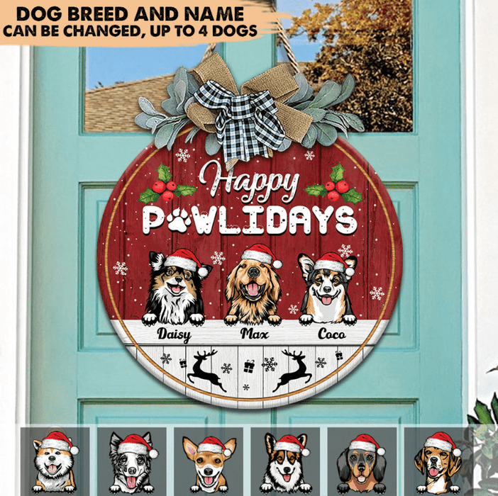 GeckoCustom Happy Pawlidays Dog Wooden Door Sign With Wreath, Dog Door Hanger, HN590 13.5 inch