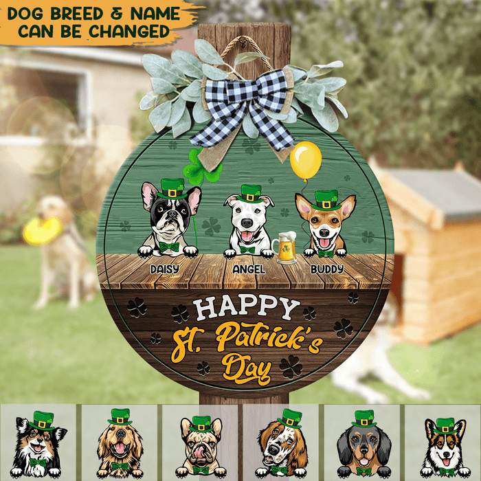 GeckoCustom Happy St.Patrick's Day Dog Wooden Door Sign With Wreath HN590