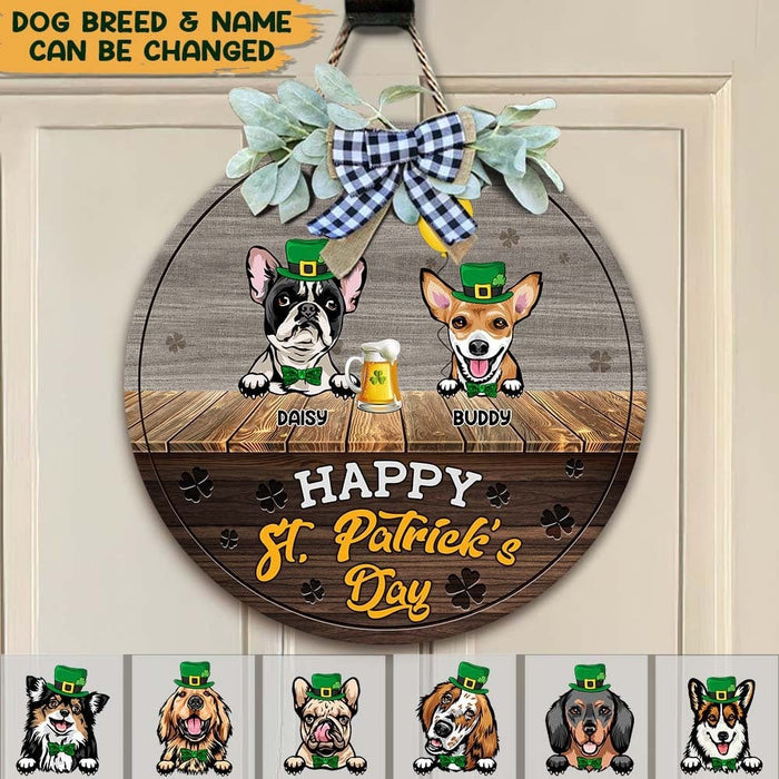 GeckoCustom Happy St.Patrick's Day Dog Wooden Door Sign With Wreath HN590